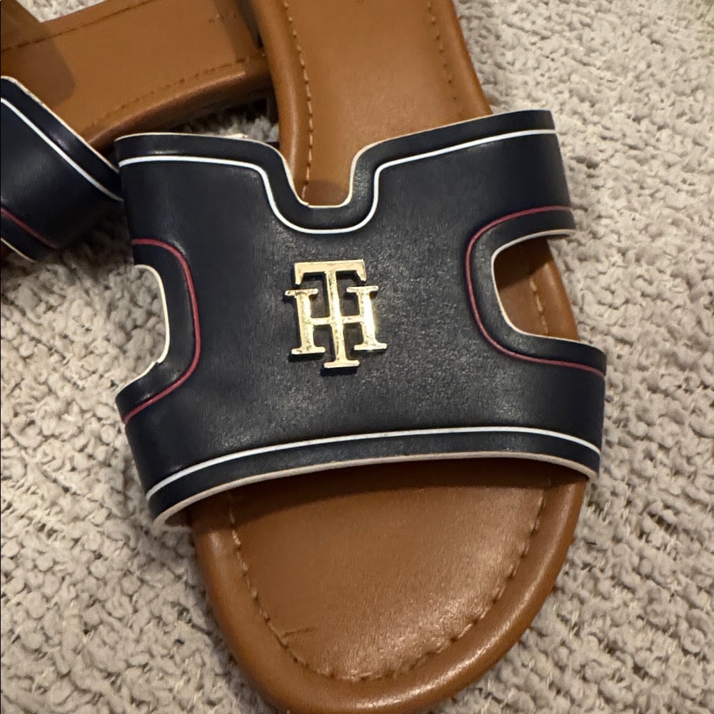 Tommy Hilfiger TH Logo Slide Sandals Navy Gold Women’s 9.5 Slip On - Picture 3 of 6
